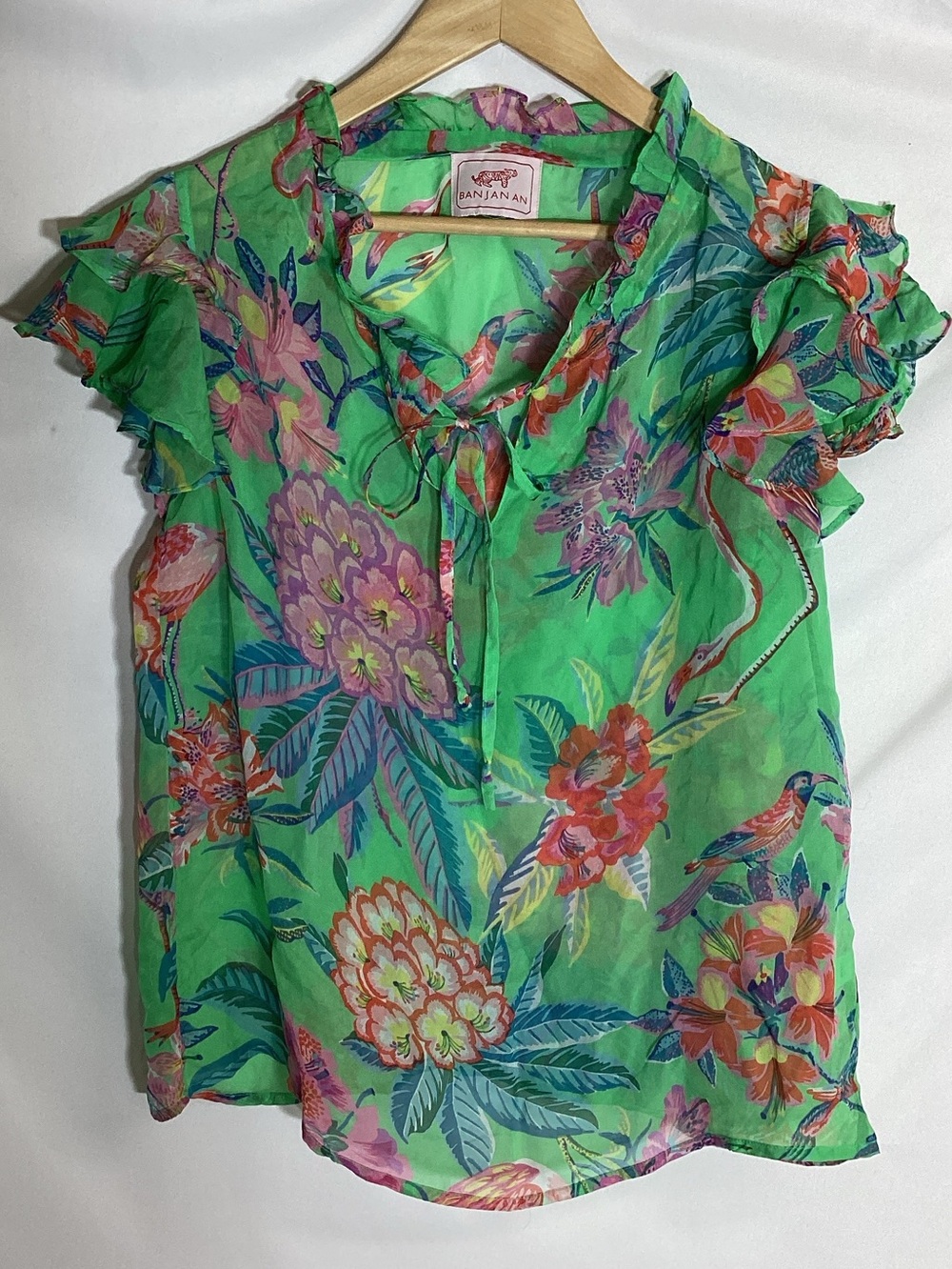 BANJANAN 100% Silk Green Floral/Bird Ruffle Sleeve Top Size M